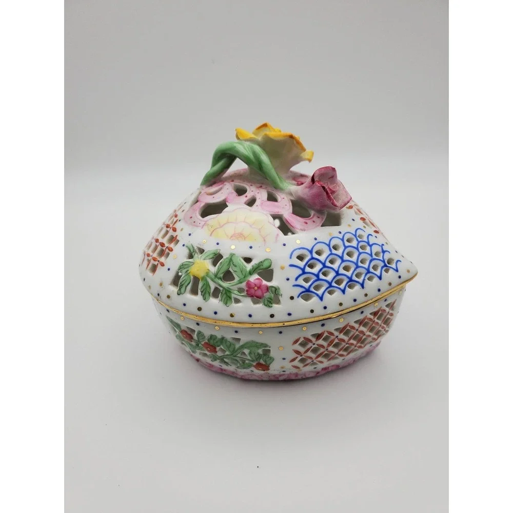 Royal Danube Heart Porcelain Trinket Box Hand Painted Rose Reticulated 1886